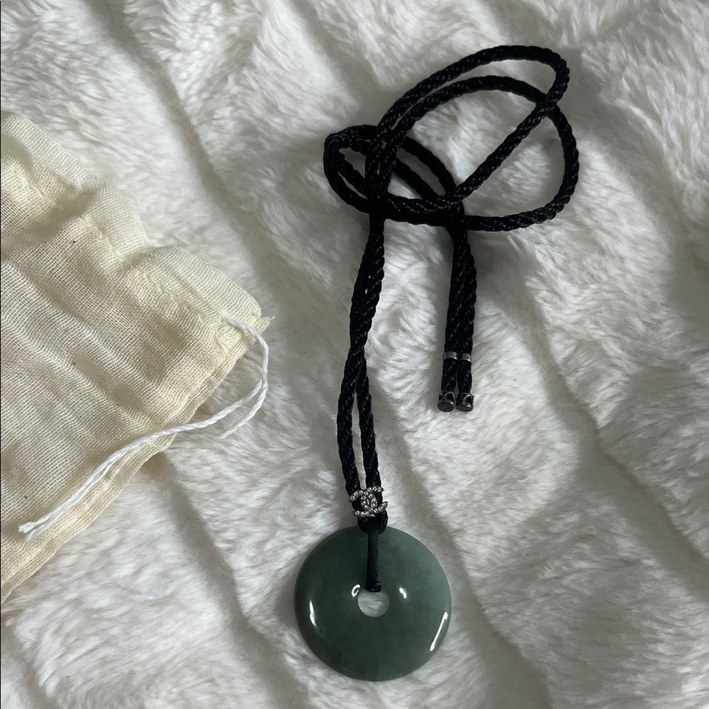 Chanel Necklace Black String With Green Jadeite Vintage S926